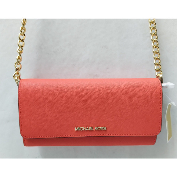 Michael Kors Jet Set Large Wallet On Chain - Red Leather Crossbody Bag -NWT $168 - Picture 6 of 14